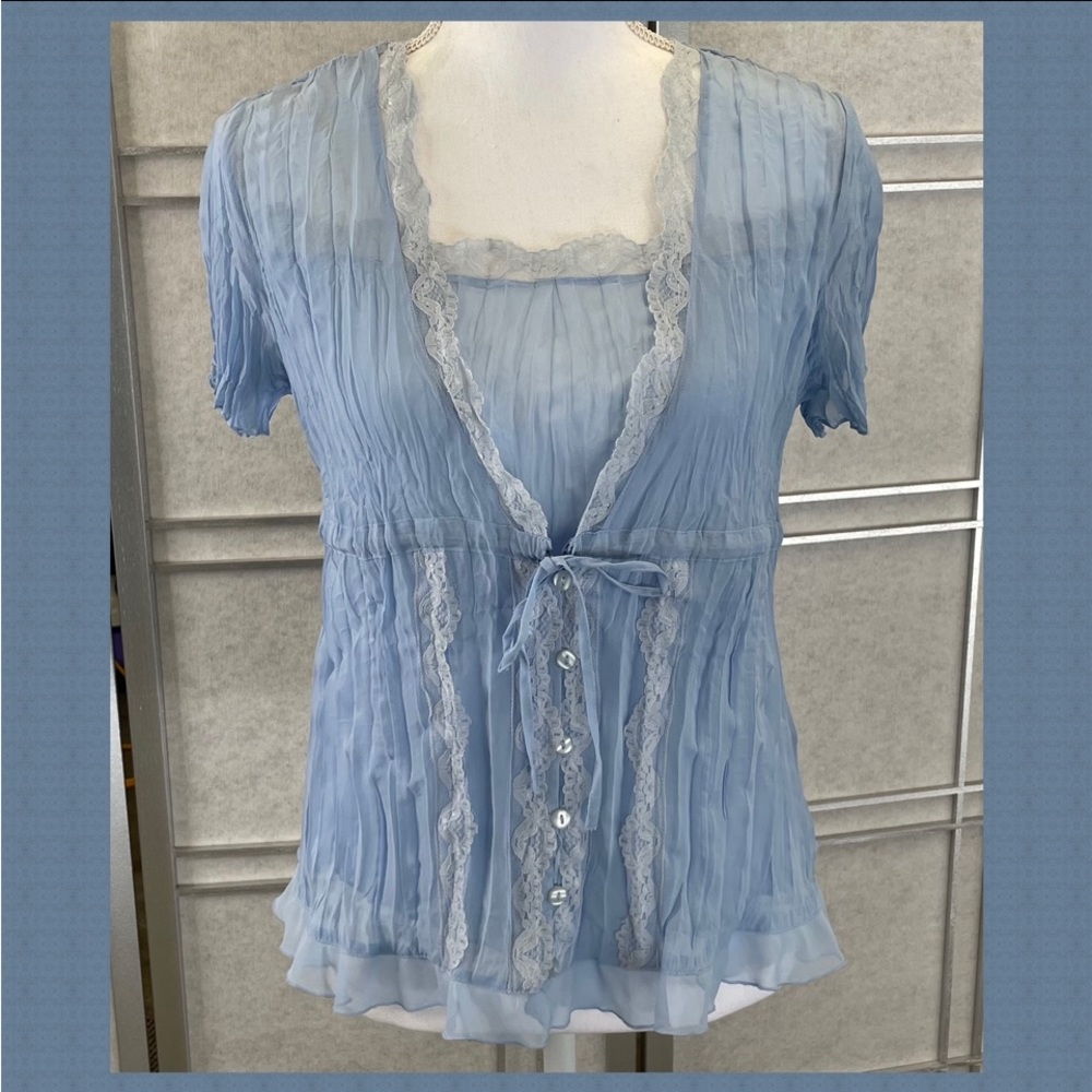 Clothing Co. Light Blue Lace Fringed Blouse, Sz S